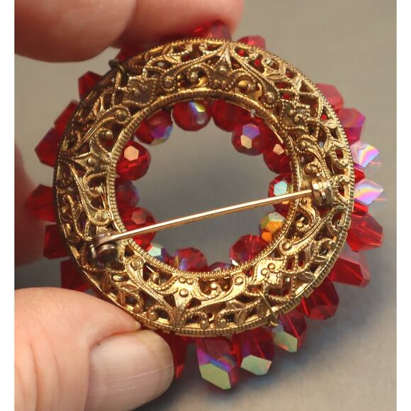 Miriam Haskell Signed Red AB Crystals Brooch Vintage Pin - Picture 8 of 8